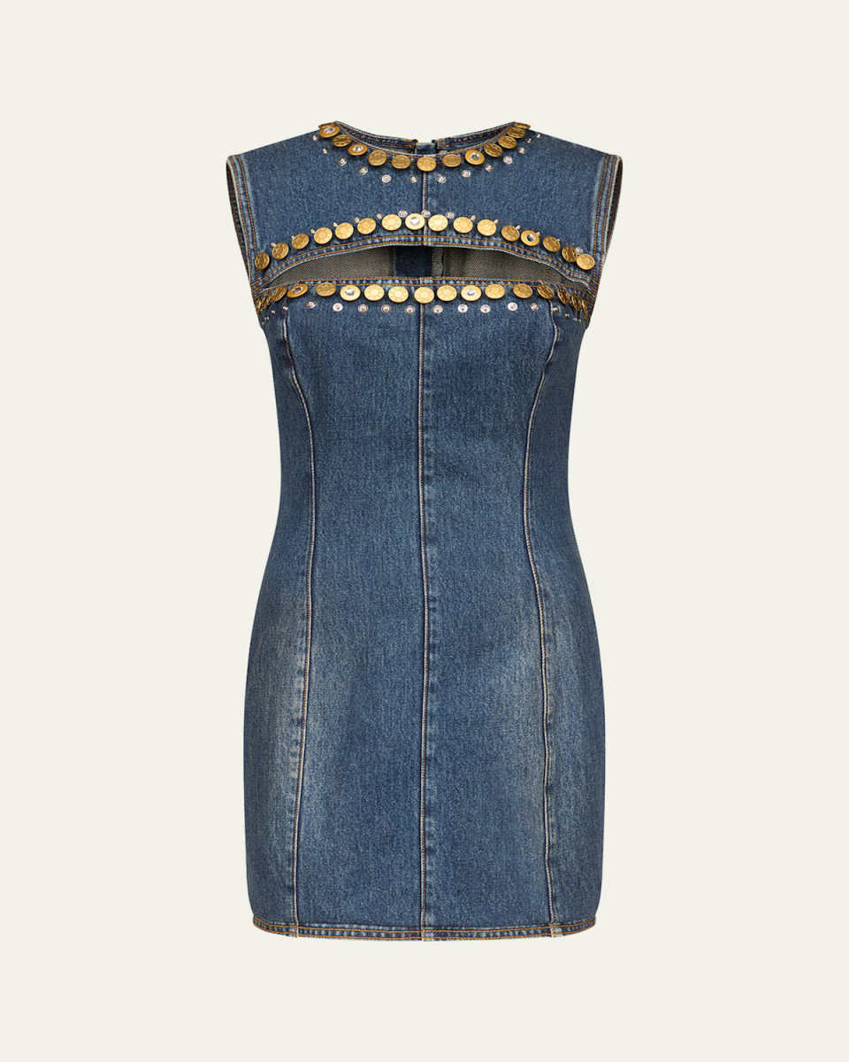 Crystal Button Studded Slit Denim Mini Dress